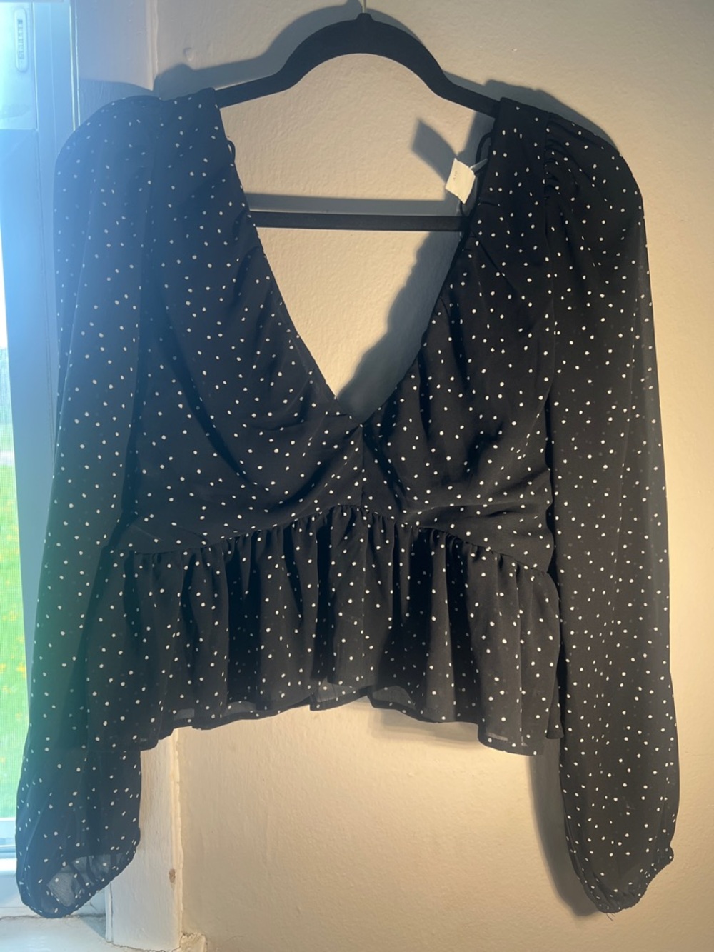 Black Polka Dot Peplum V-Neck Women's Top